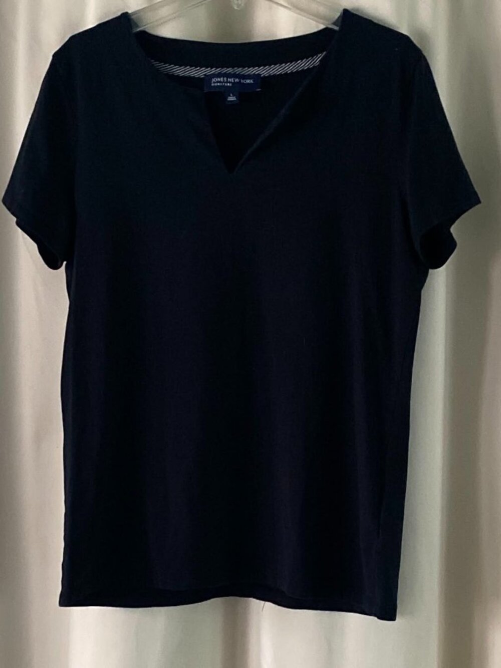 Jones New York Signature Black Blouse L Split V Neck Short Sleeve Work Top